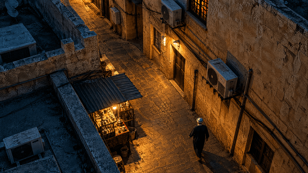 Looking down into an old Deira alley at night, a lone figure passing a tea stall