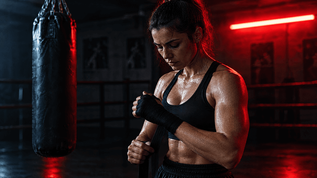 A boxer wrapping her hands under red neon in an underground gym