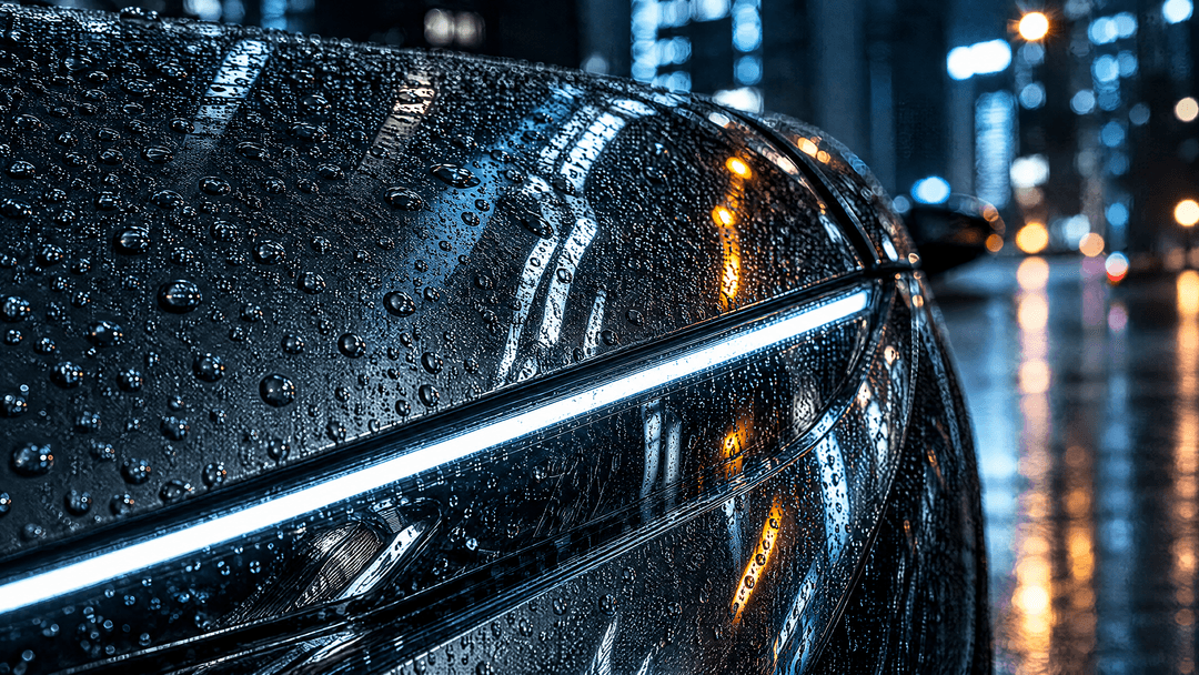 Rain on dark car paint, cut by a thin line of headlight