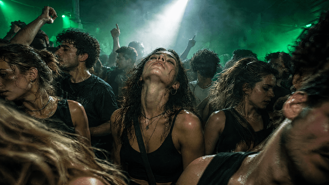 A crowd dancing under a white strobe in an underground club